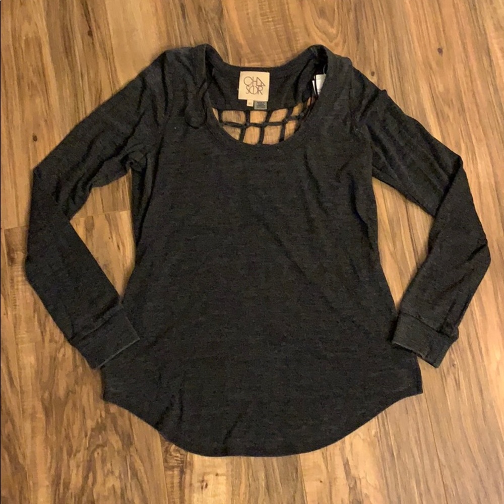 NWT gray long sleeve with open knit back